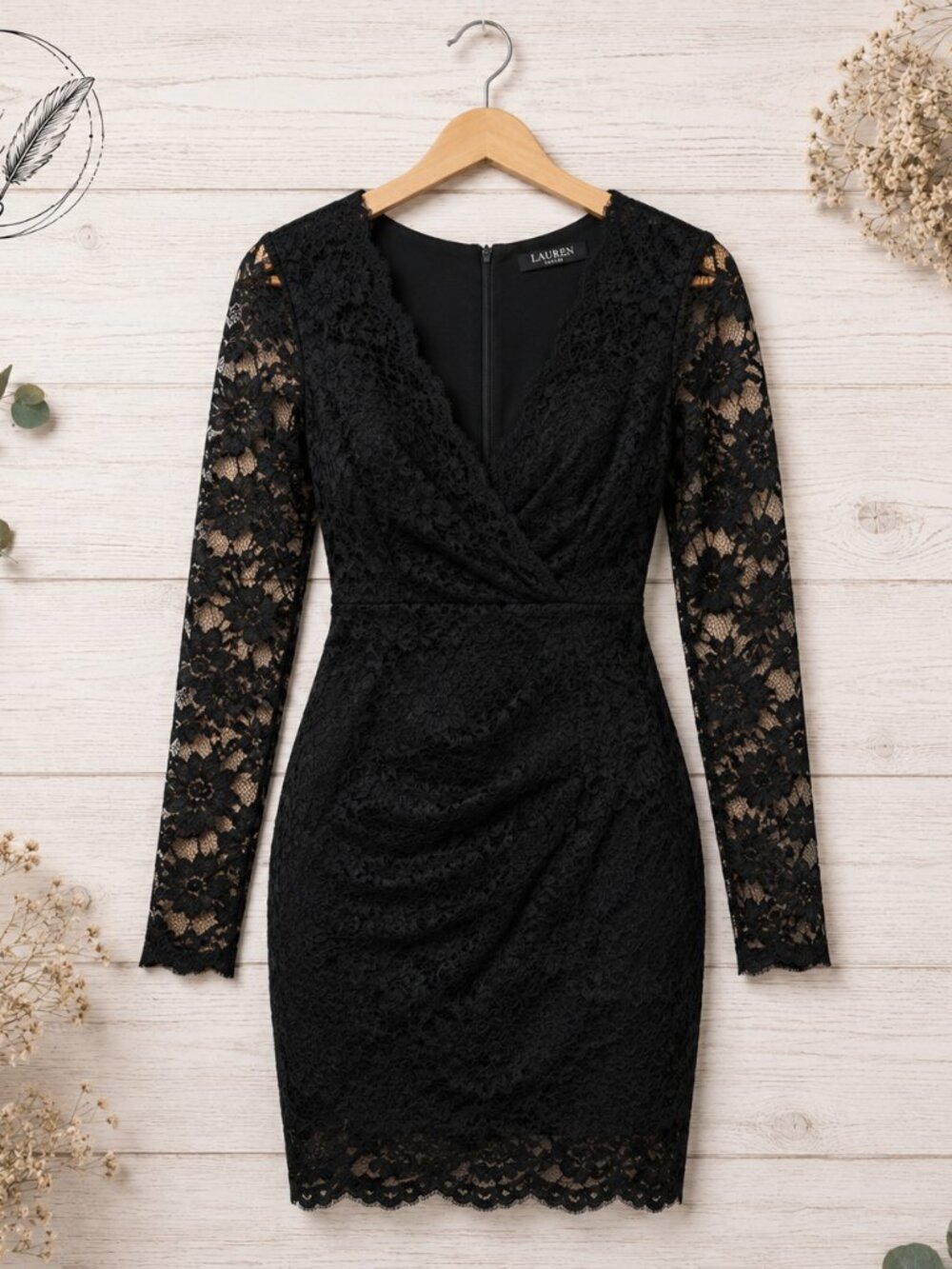 Lauren Taylor XL Black Floral Lace V-Neck Bodycon Dress